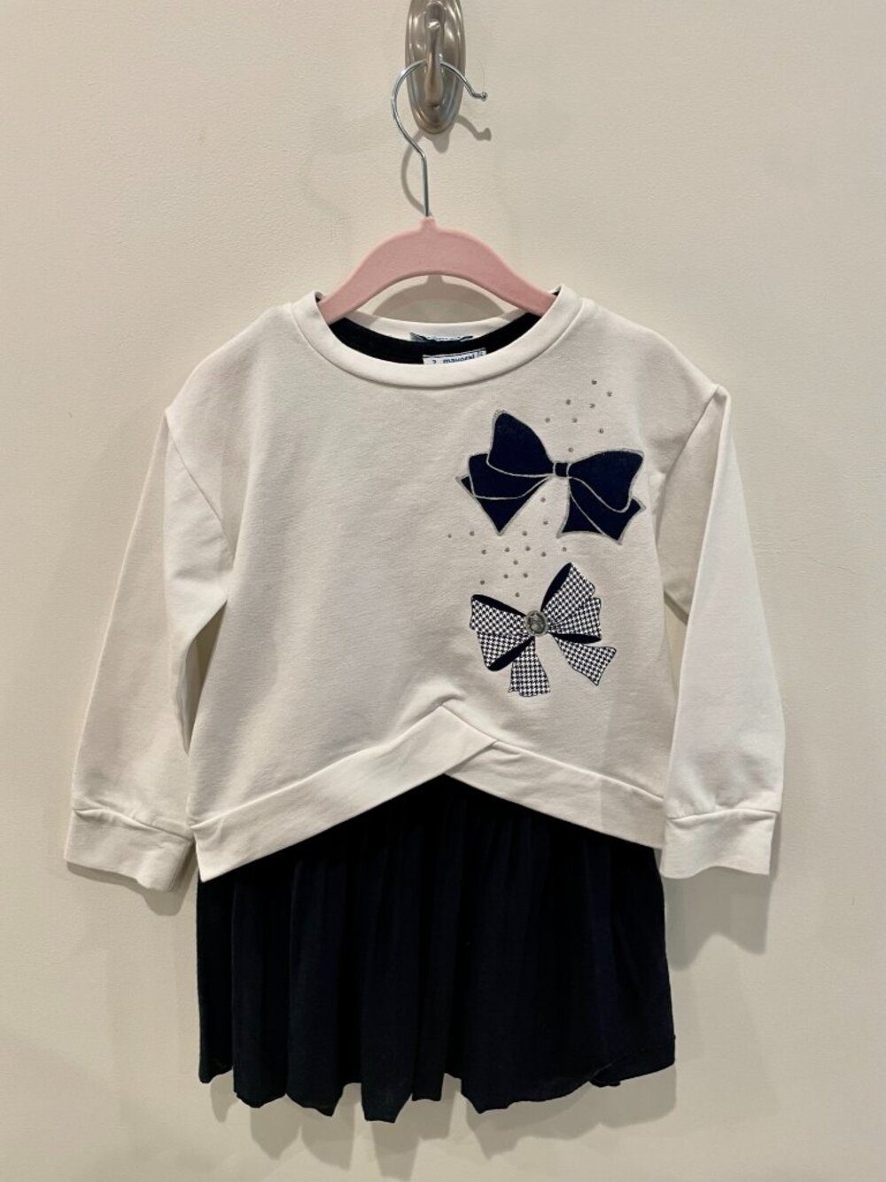 Mayoral Off-White & Navy Blue Bow Sweatshirt Dress Set - Sz 2.